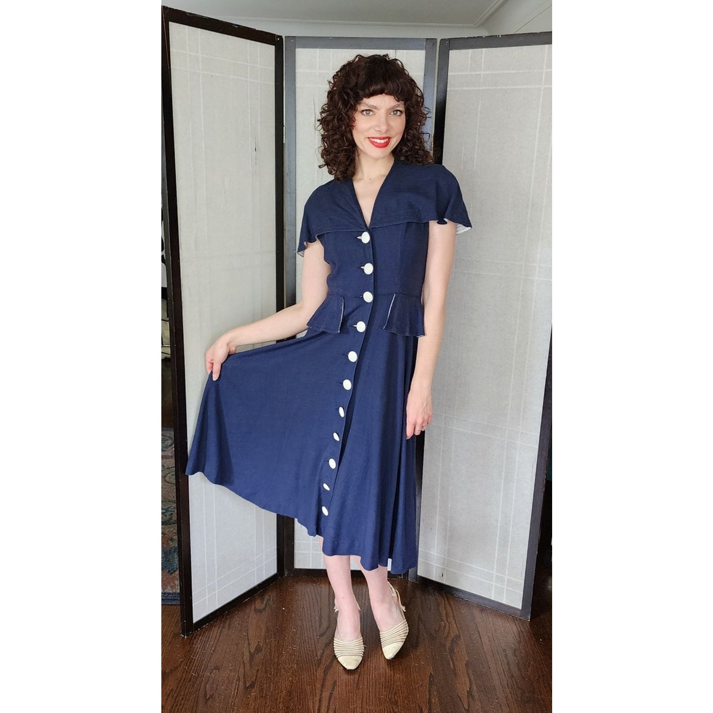 Vintage 40s Navy Blue Summer Dress White Buttons Shawl Collar