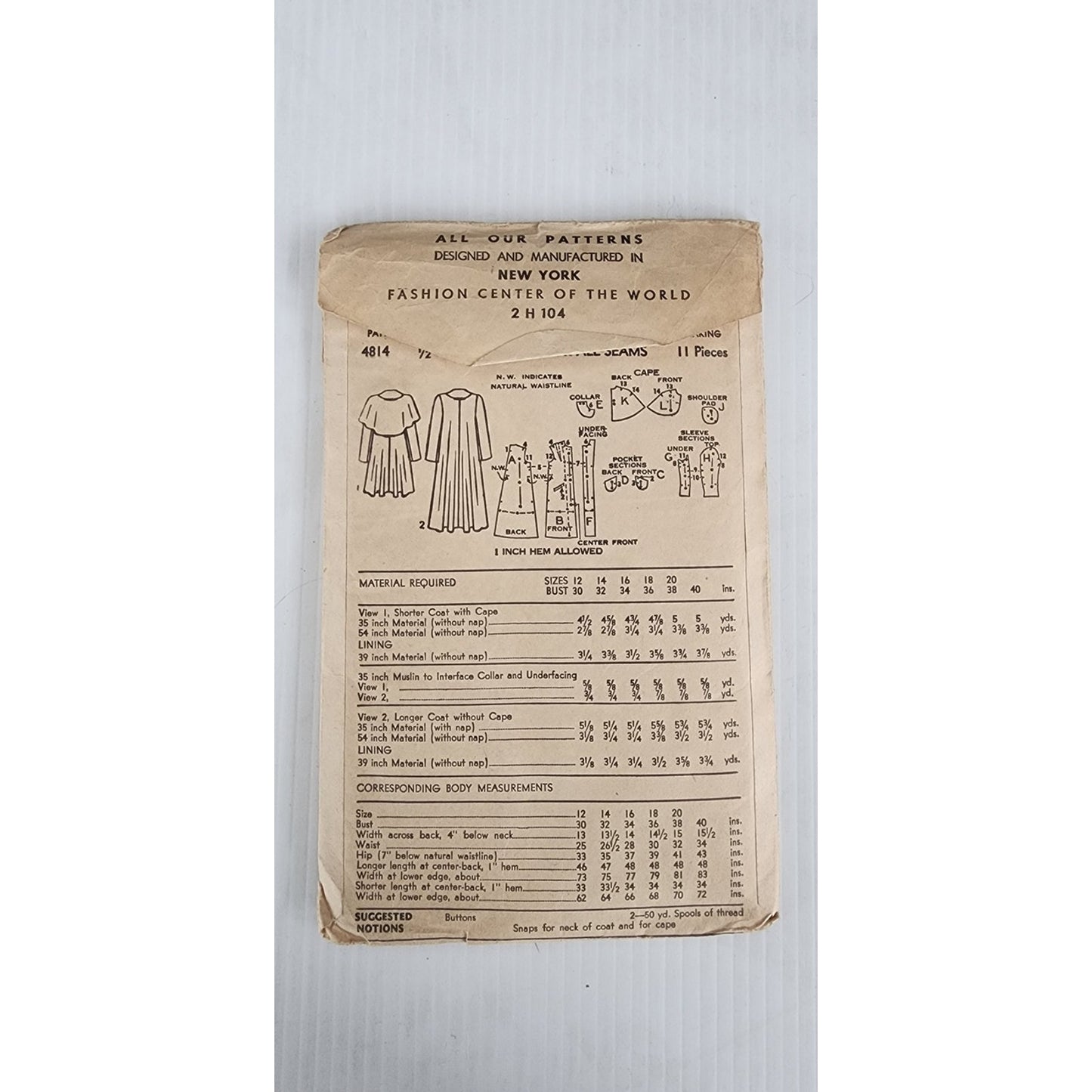 Vintage 40s Sewing Pattern ORIGINAL:  Swing Coat & Jacket Peter Pan Collar Advance 4814 Bust 32