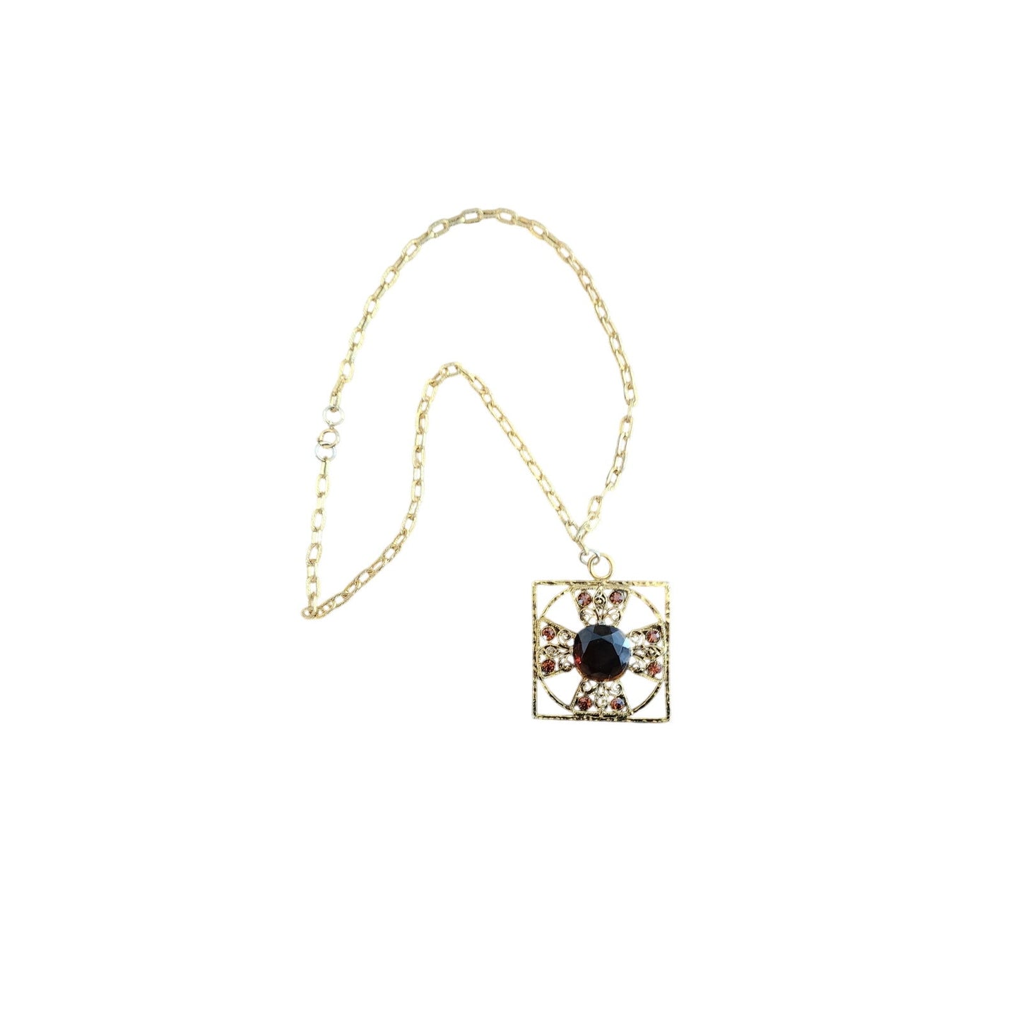 Vintage 60s Baroque Pendant Necklace Maltese Cross Gold Amber Brown Glass