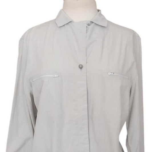 Vintage 1990s Prada Shirt Gray Button Down Long Sleeve Blouse Zipper Pockets L