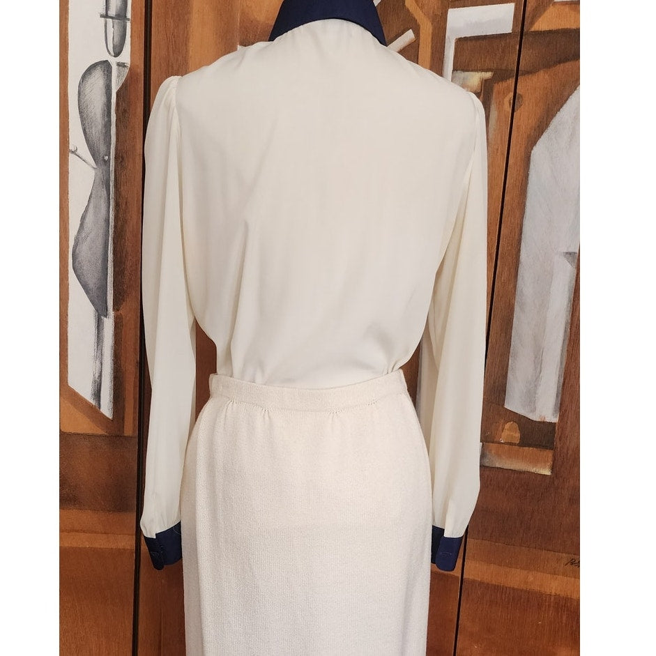 Vintage 70s St John Knit Skirt Suit + Blouse Three Piece Set Cream Navy Blue