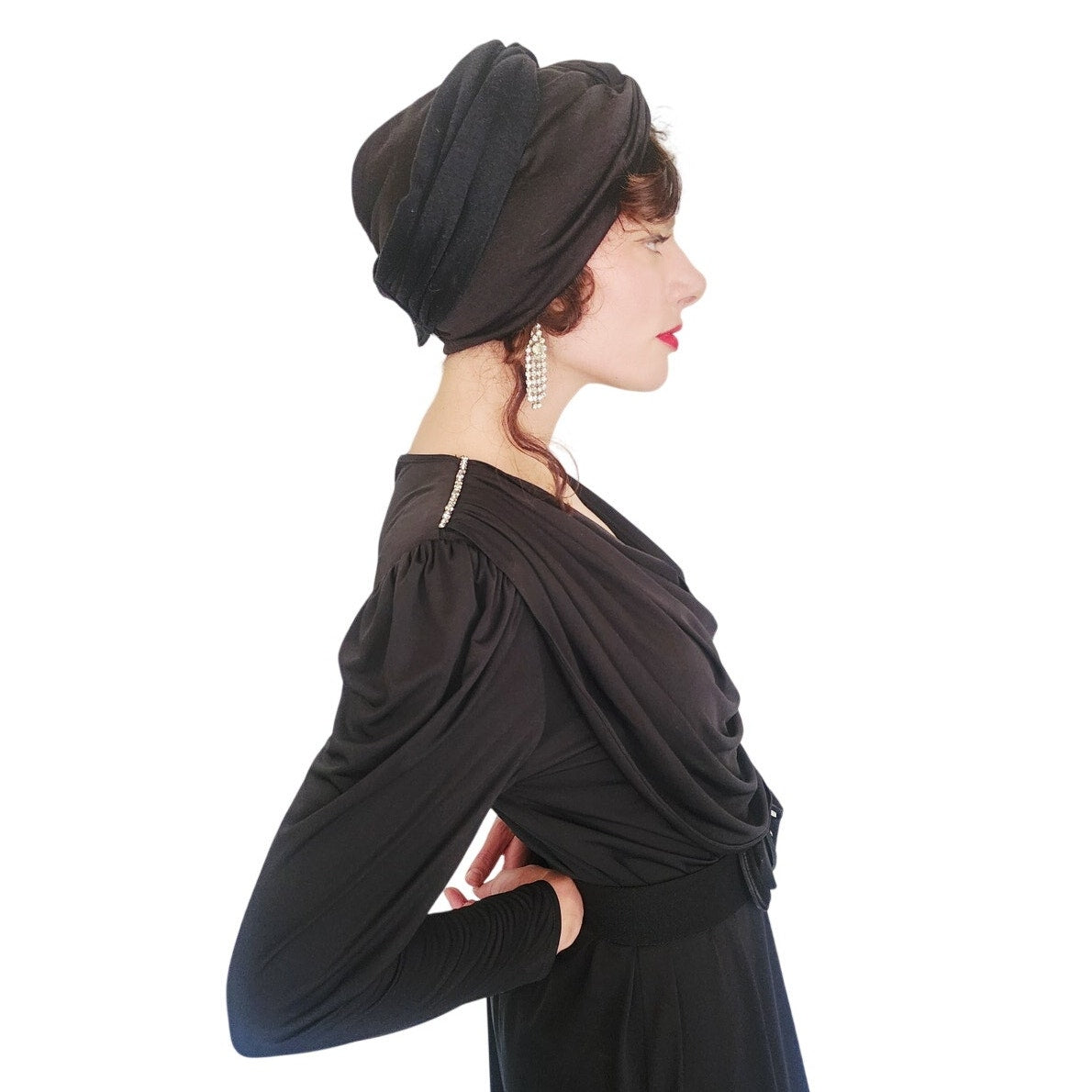 Vintage 1980s Oscar de la Renta Evening Dress Black Liquid Jersey Rhinestones Cowl Neck M