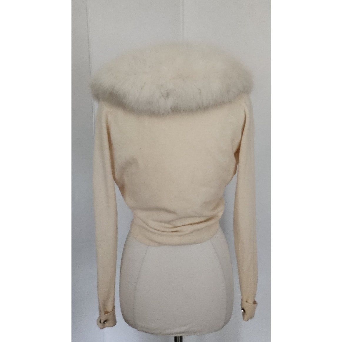 Vintage 1950s Cream Wool Cardigan White Fox Fur Collar Joseph Horne