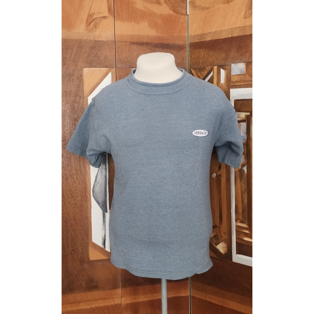 Vintage 90s Versace Classic V2 Mens Top Striped Ribbed Knit T-Shirt Dusty Blue