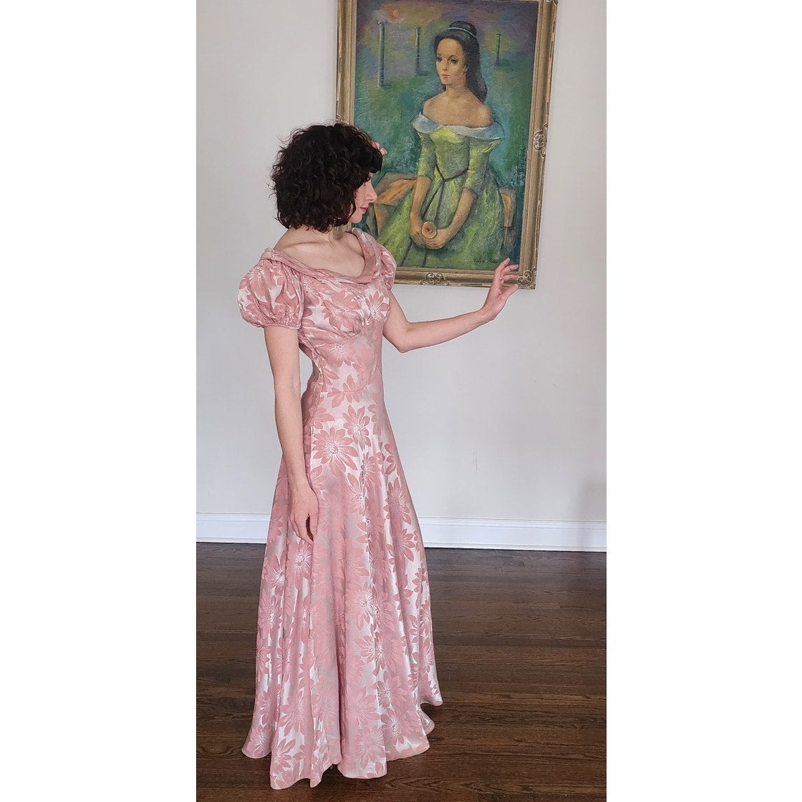 Vintage 30s Vintage Pink Floral Satin Evening Gown Old Hollywood Prom Dress