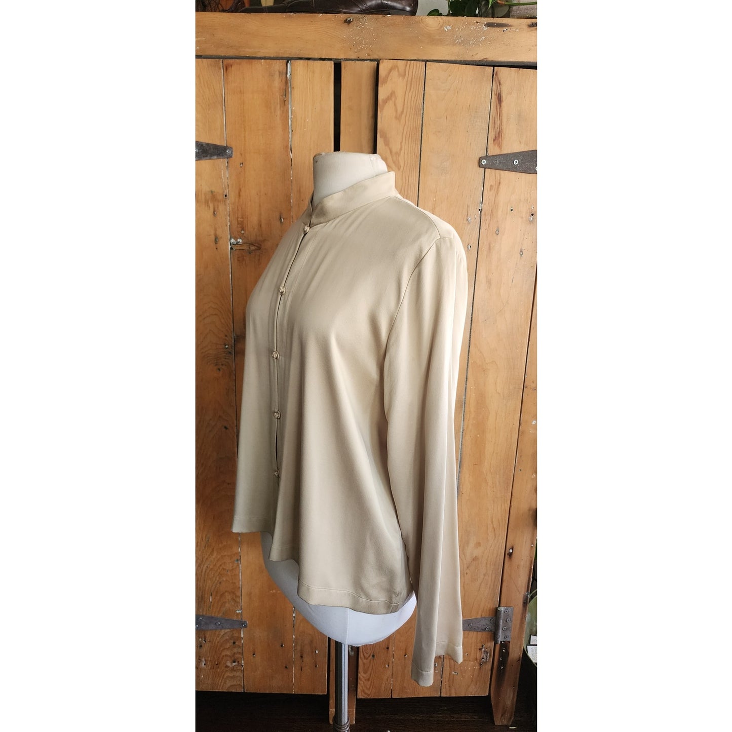 Vintage 90s Eileen Fisher Blouse Beige Silk Long Sleeves