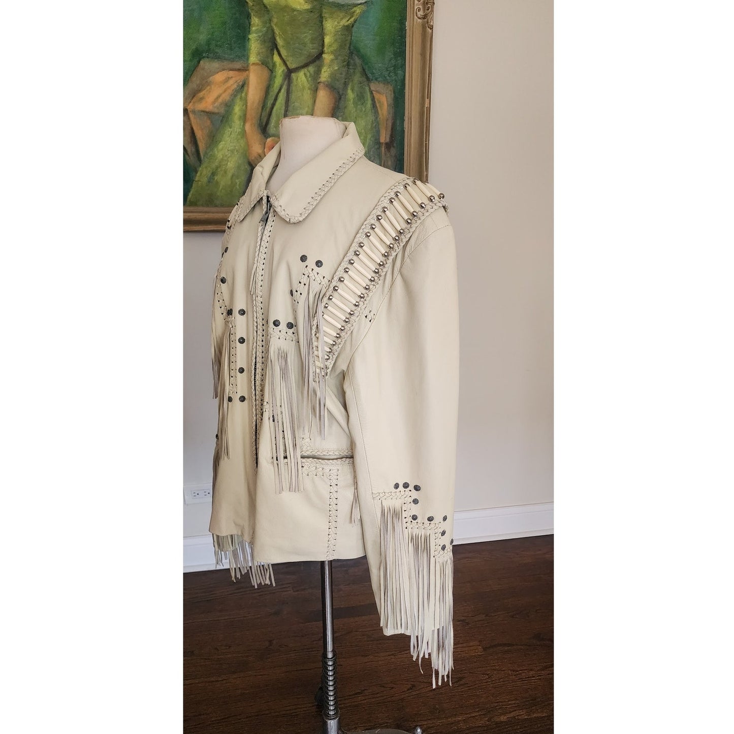 Vintage 1980s White Leather Jacket SUNRIDERS Fringe, Studs & Bone Beads XXL