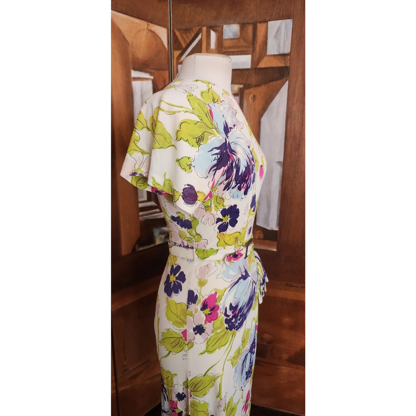 Vintage 40s Rayon Print Wiggle Dress Bold Floral Pattern + Scarf Detail