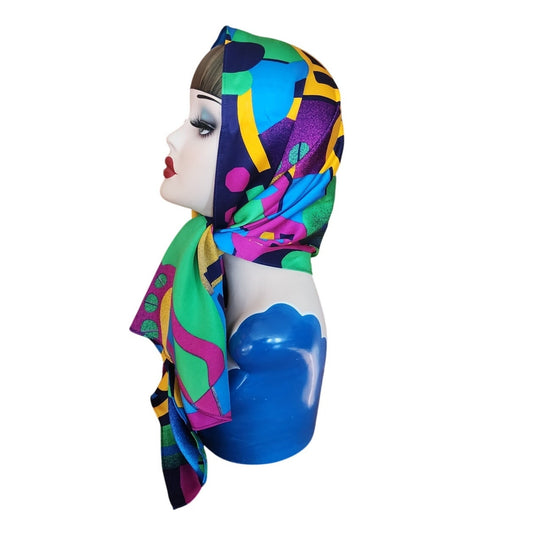 Vintage 90s St. John Silk Scarf Memphis Style Retro Abstract Geometric Colorful Graphic Print