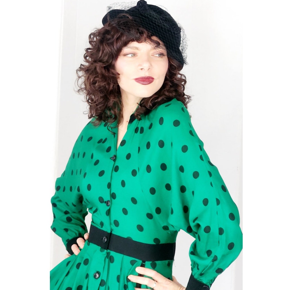 Vintage 80s Does 40s Green Polkadot Print Dress Peplum Pockets  / Strawberry Studio / S