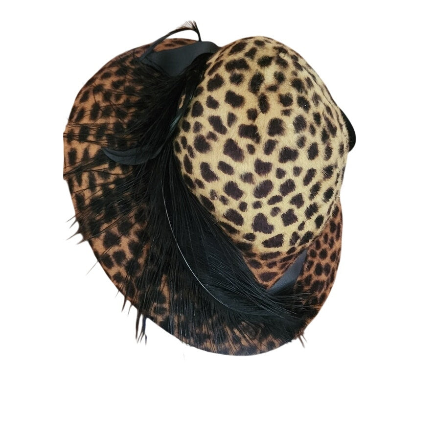 Vintage Y2K Carluci Millinery Animal Print Hat Wide Brimmed w/Bow & Feathers