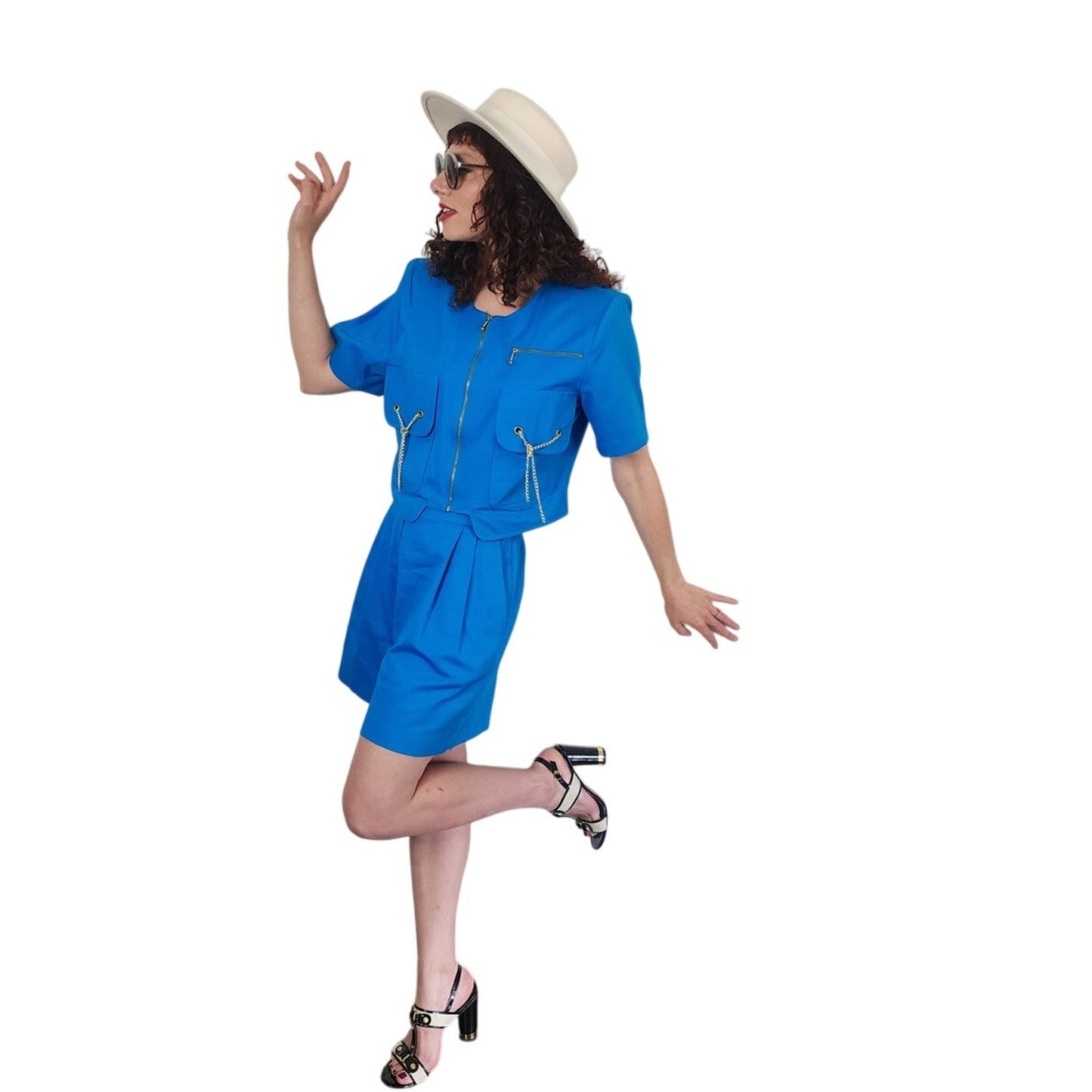 Vintage 90s Blue Jacket + Shorts Set w/Gold Chain Tassels by Oscar & Me Medium