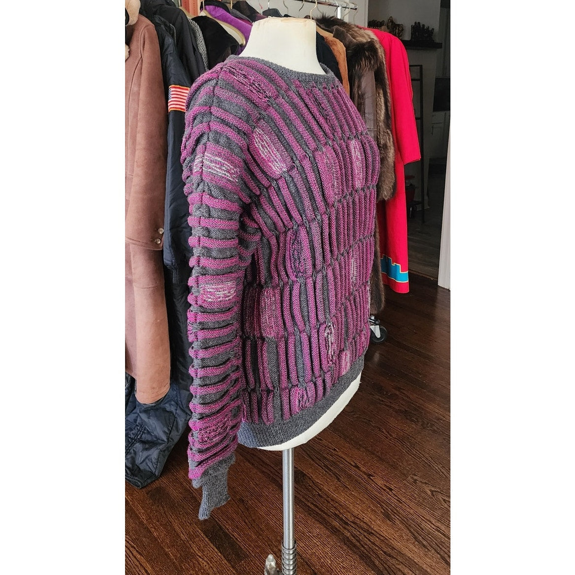 Vintage 1980s Ros Joffe Sweater Mens Purple Black Wool 3D Novelty Knit / M