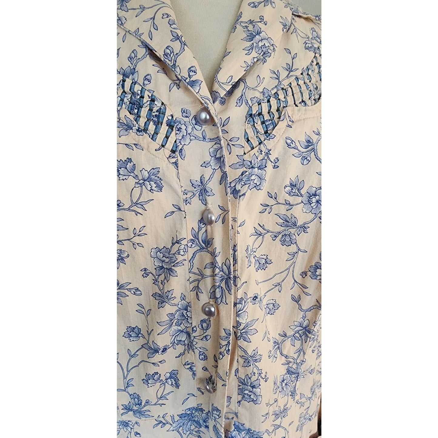 Vintage  40s Shirtdress Floral Cotton Print Pink Blue / L