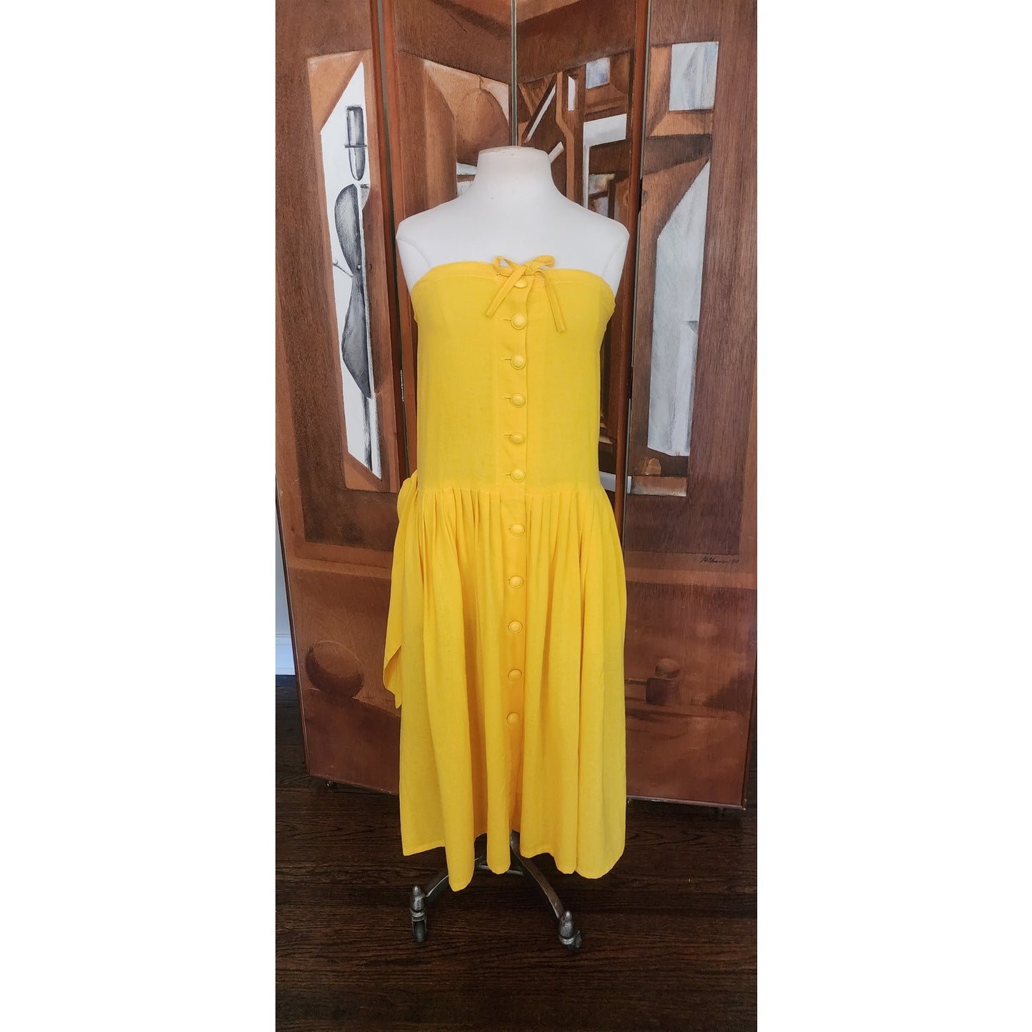 Vintage 80s Sonia Rykiel Strapless Dress Yellow Cotton Button Front Sash Belt Waist