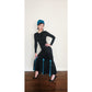 Vintage 80s Evening Dress Black w/Turquoise Knit Open Back Fishtail Skirt Victoria March Chicago