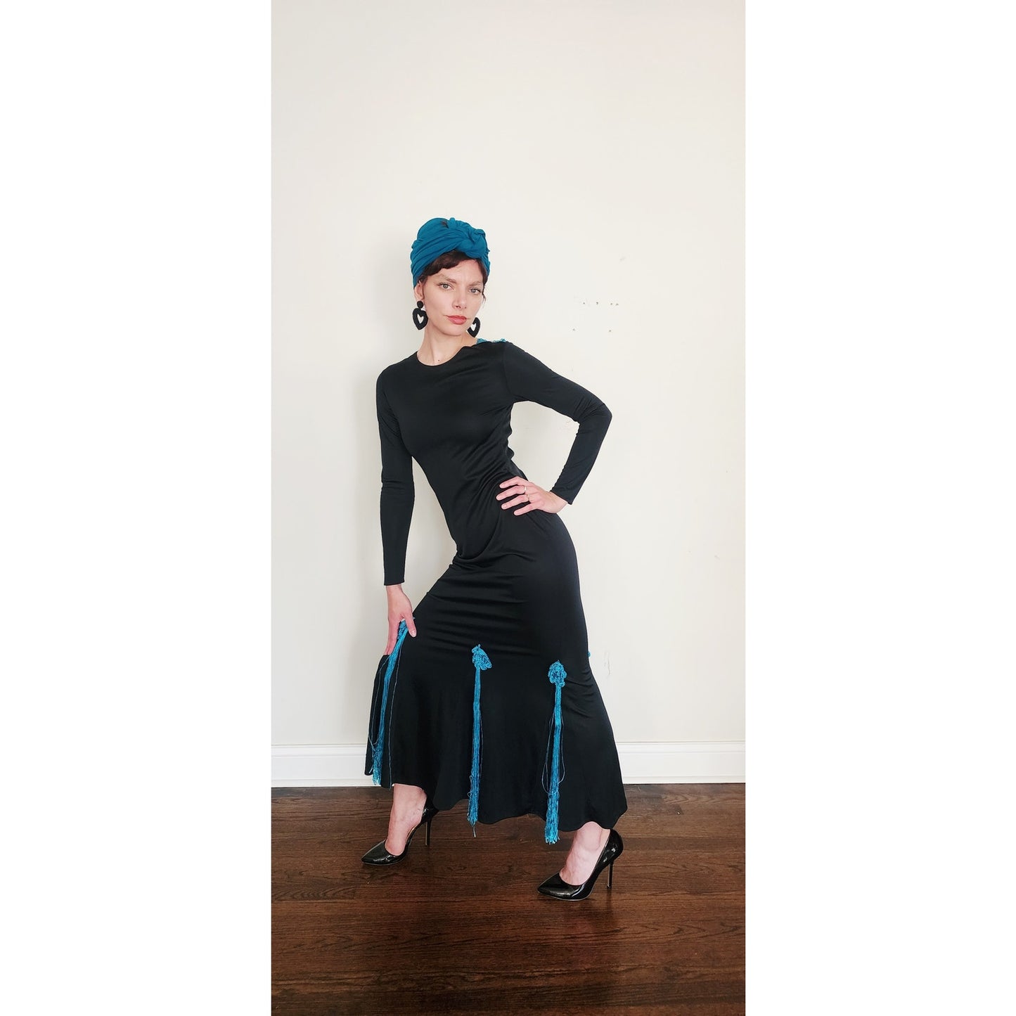 Vintage 80s Evening Dress Black w/Turquoise Knit Open Back Fishtail Skirt Victoria March Chicago