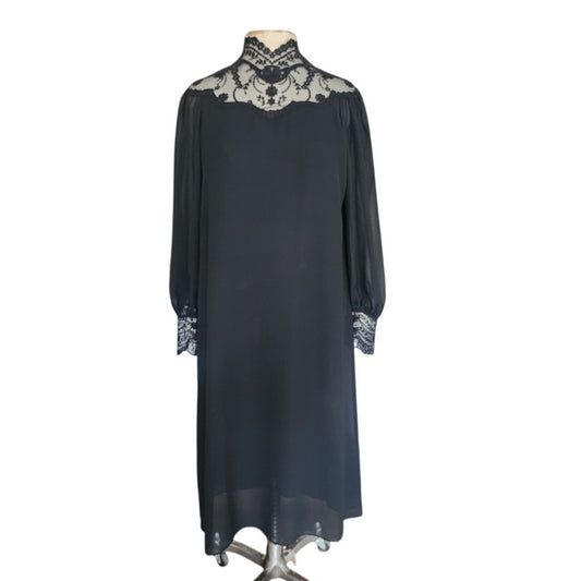 Vintage 1970s Giorgio Sant'Angelo Dress Black Silk Georgette & Lace
