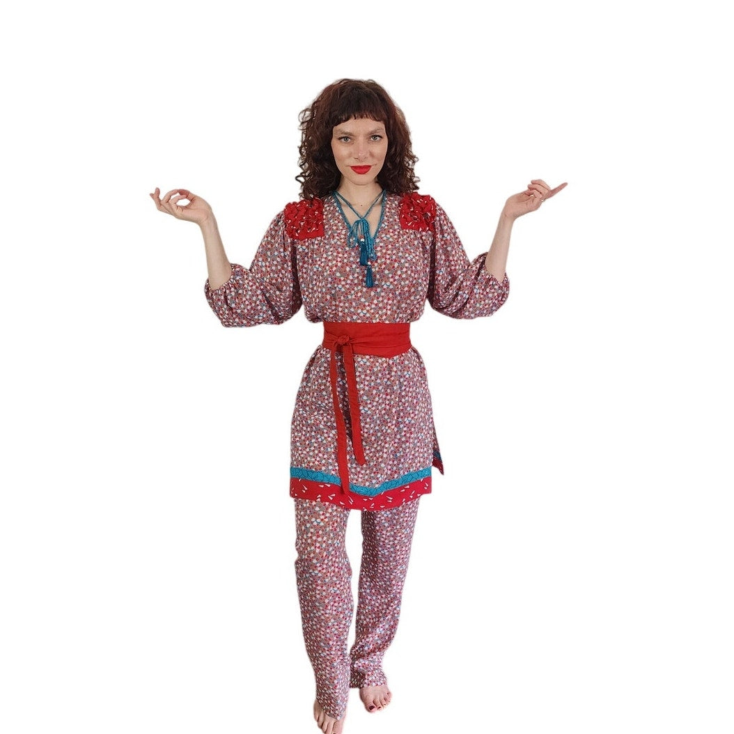 Vintage 1980s Lachine Tunic + Pants Set Polyester Georgette Red Graphic Print / Medium