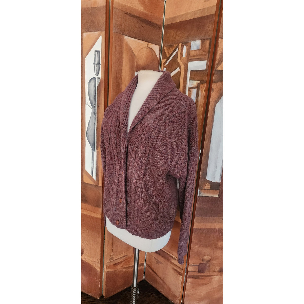 Vintage 1980s Gap Cardigan Sweater Chunky Brown Cable Knit  Shetland Wool