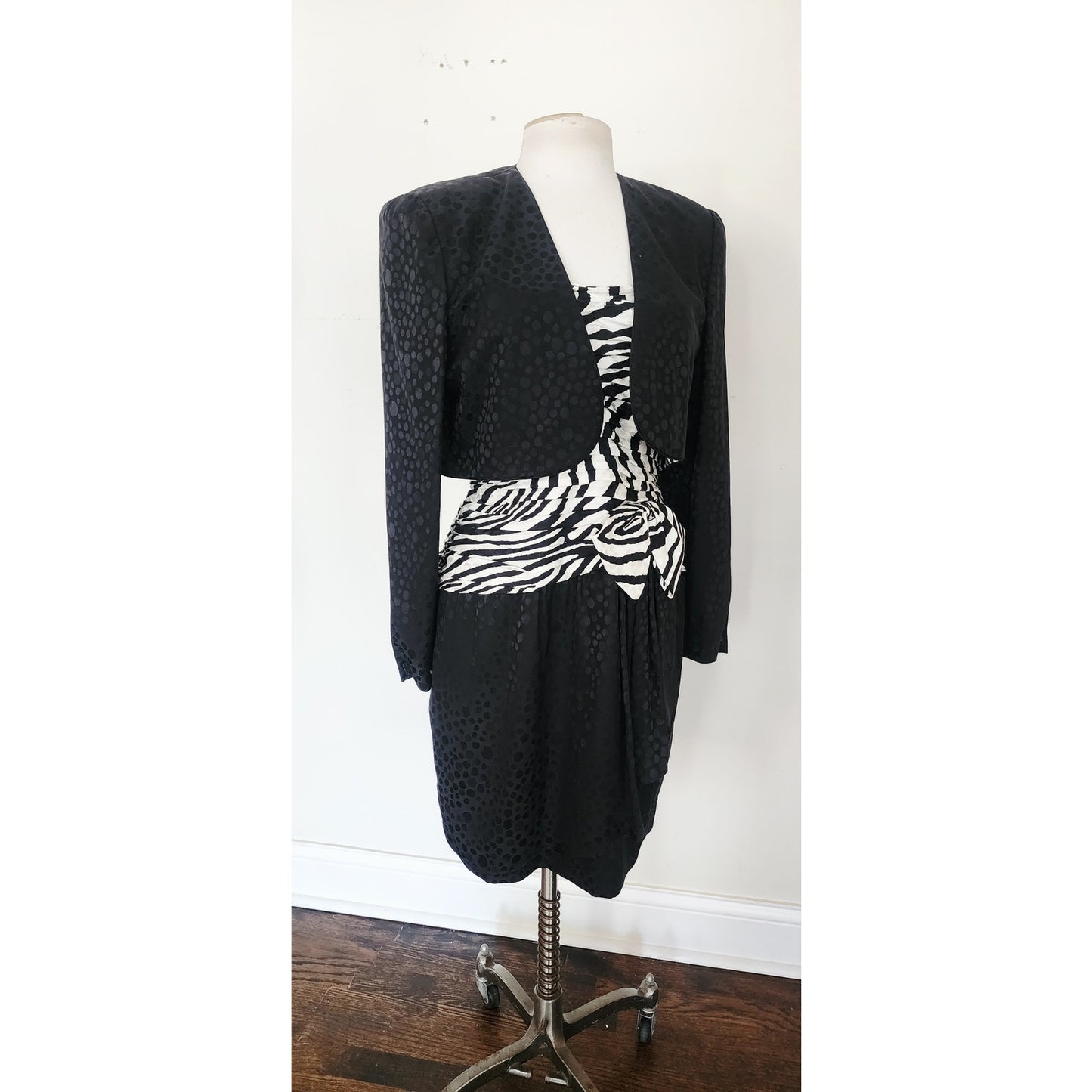 Vintage 1980s AJ Bari Strapless Dress + Bolero Jacket Suit Set Zebra Print Black White Silk / M