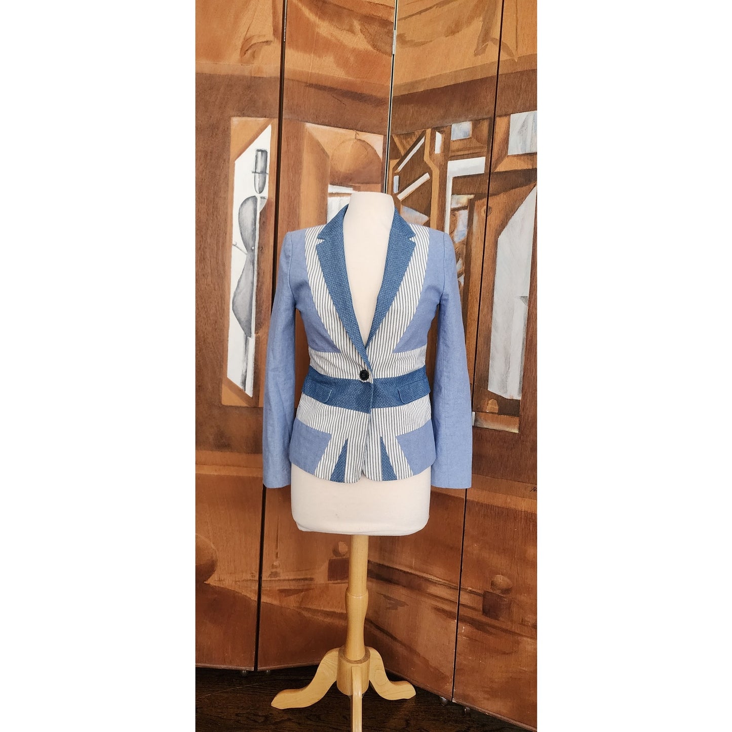 Jack Wills Blue and White Patchwork Denim Blazer, Fitted Single Button