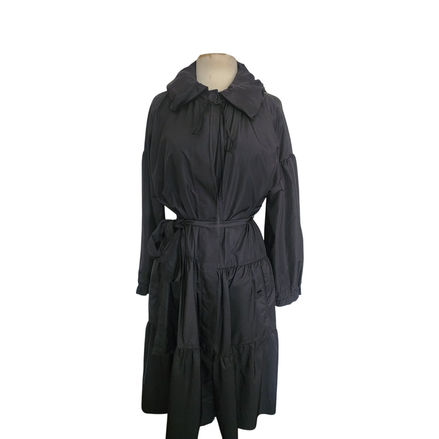 Vintage 2000s Sonia Rykiel Coat Dress / Black Trench Belted Raincoat Ruffled Skirt + Hood / M