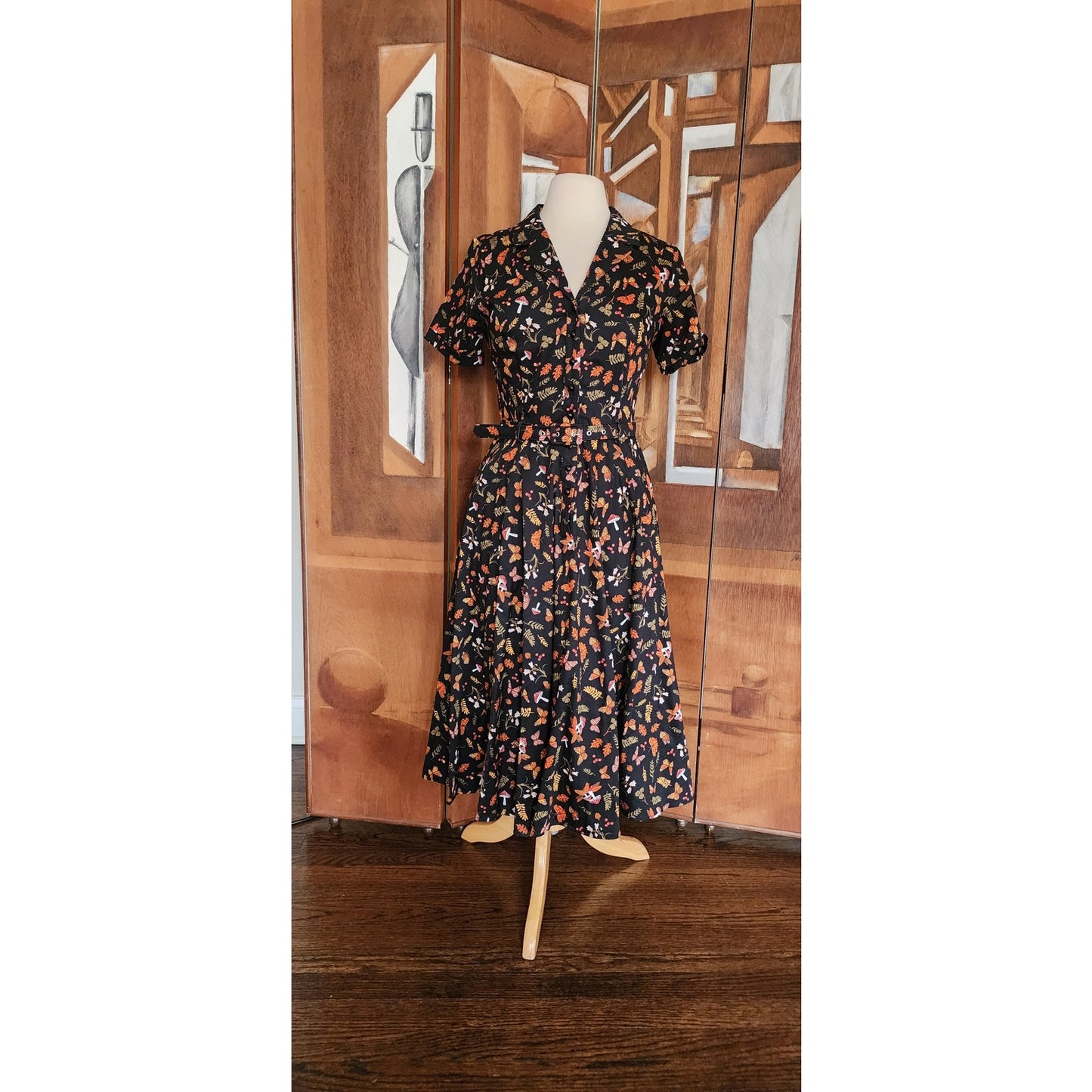 COLLECTIF Retro 50s Style Shirtdress Rockabilly Dancing Dress Mushroom Butterfly Print