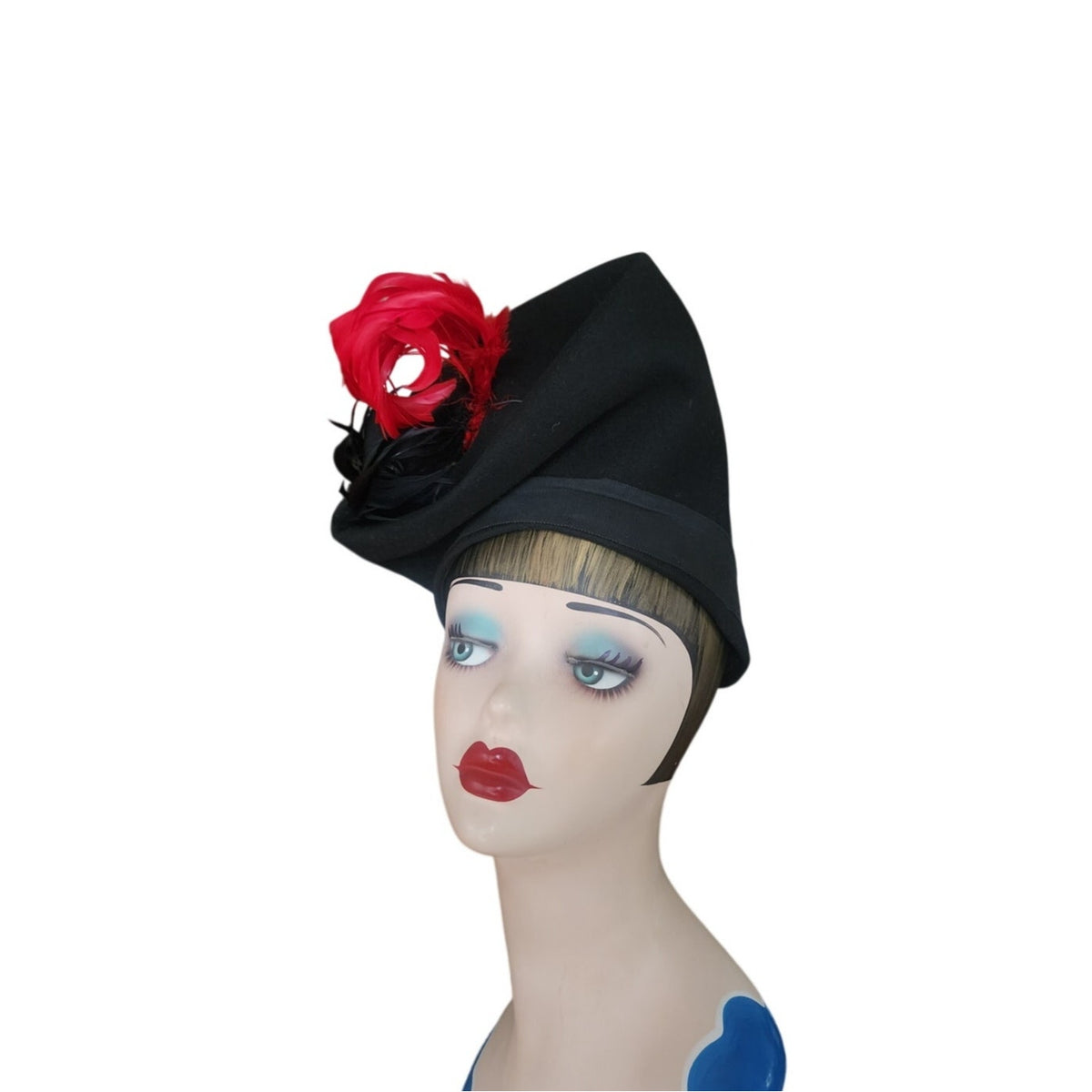 Vintage 1930s Black Tilt Hat Sculptural High Crown Feather Asymmetrical Art Deco 23"