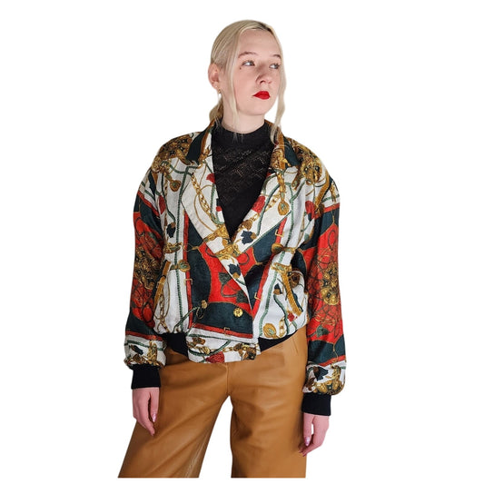 Vintage 80s Scarf Print Jacket by De Vogue Regency Core Baroque Satin Bomber