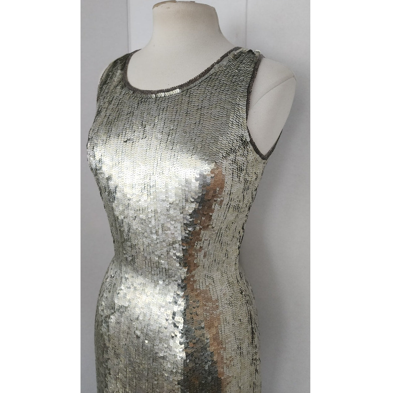 Vintage 90s Silver Evening Dress Metallic Sequins by Scala NWT