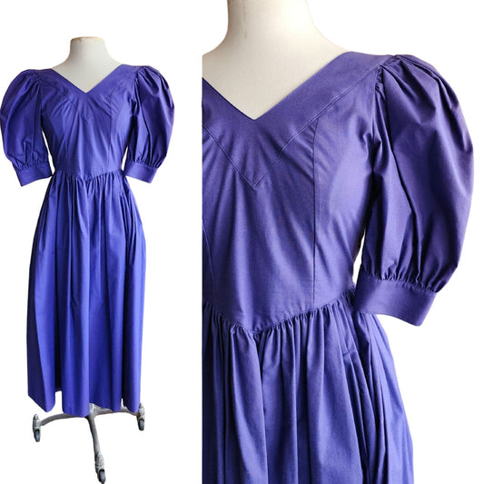 Vintage 80s Laura Ashley Dress Purple Cotton Puffed Sleeves