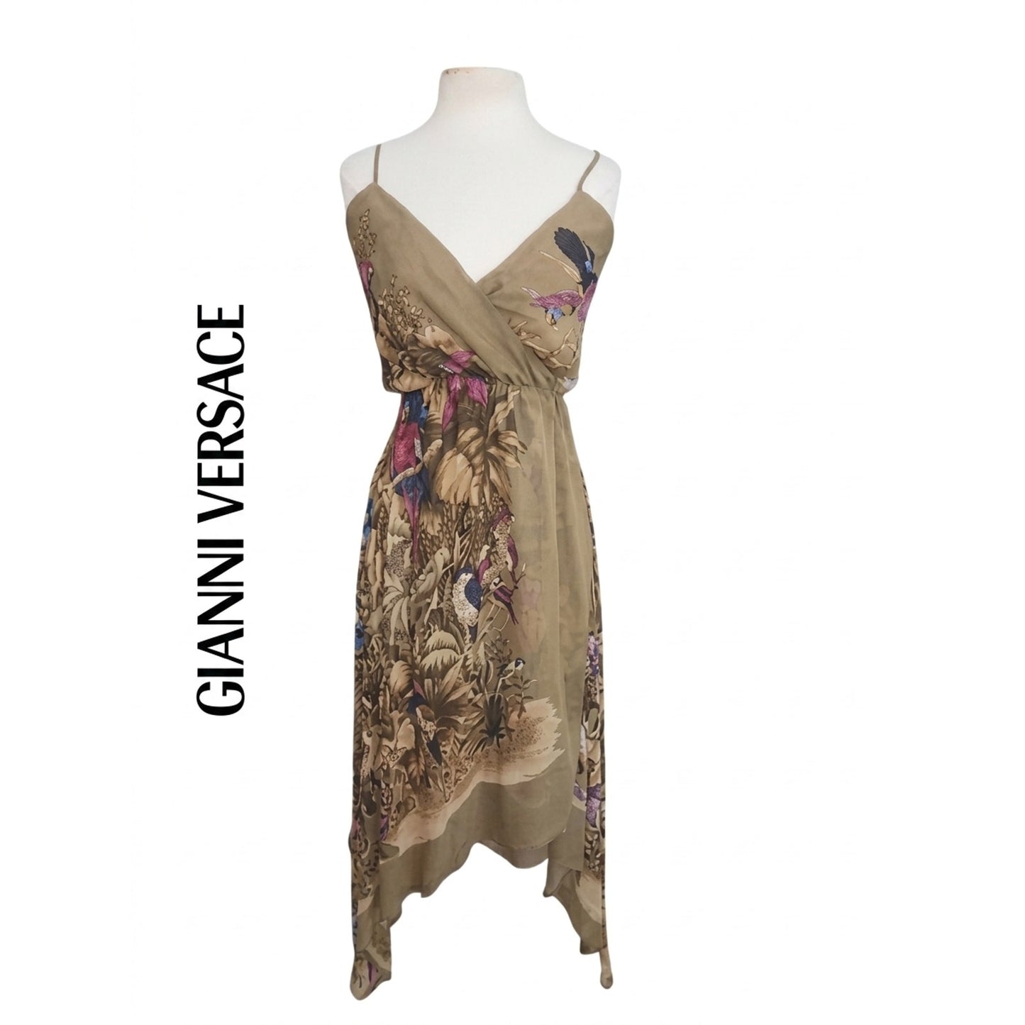 Vintage Vintage 1970s Gianni Versace Dress Silk Parrot Print Handkerchief Hem Slip Style Small