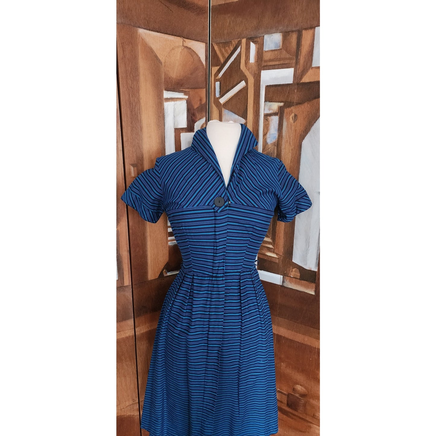 Vintage 50s Glenbury for Huntington Blue Striped Fit & Flare Day Dress