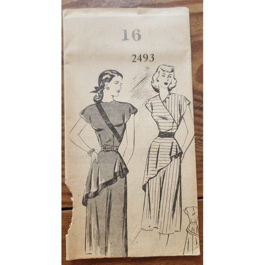 Vintage 40s Dress ORIGINAL Sewing Pattern: Chicago Tribune Marian Martin Mail Order 2493 Asymmetric Draped Frock
