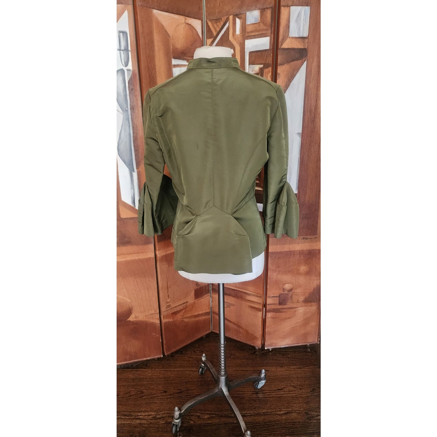 Oscar de la Renta Skirt Suit SS 2008 Green Silk Taffeta Peplum Blazer Bell Cuffs