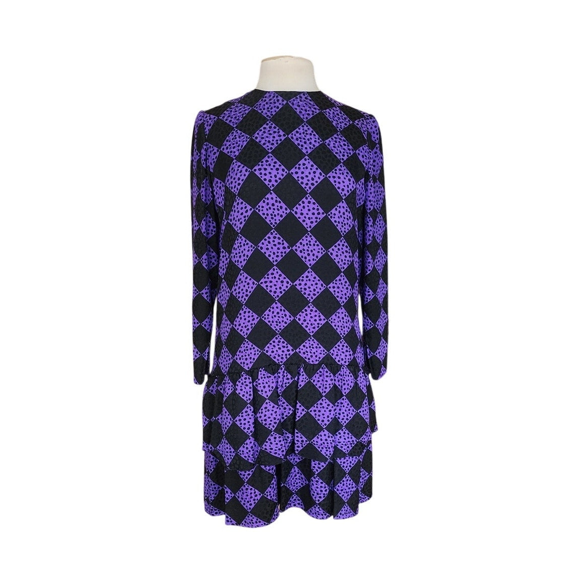 Vintage 80s GIVENCHY Silkprint Dress Purple Black Harlequin Diamonds Long Sleeved