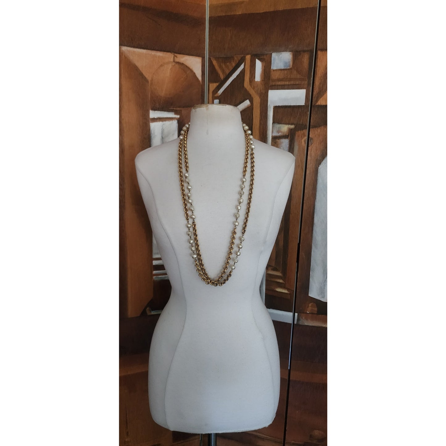 Vintage Chanel 1984 Necklace Double Strand Gold Chain Baroque Pearl Documented Runway Lagerfeld Era