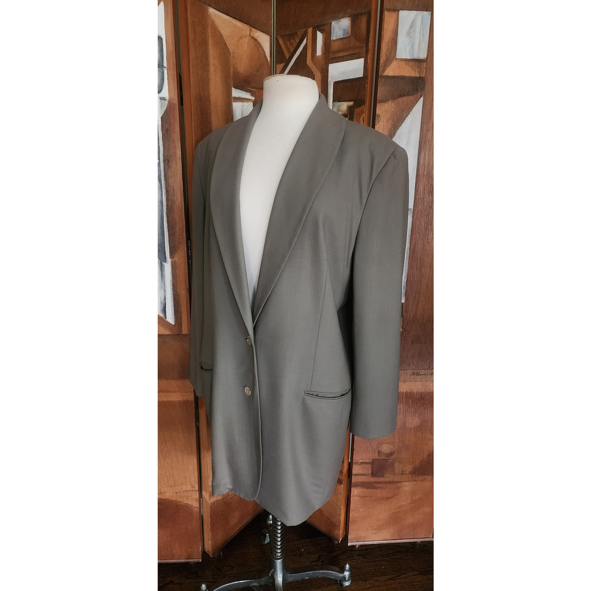 90s Calvin Klein Vintage Gray Olive Green Wool Blazer Oversized 2 Button Career Jacket