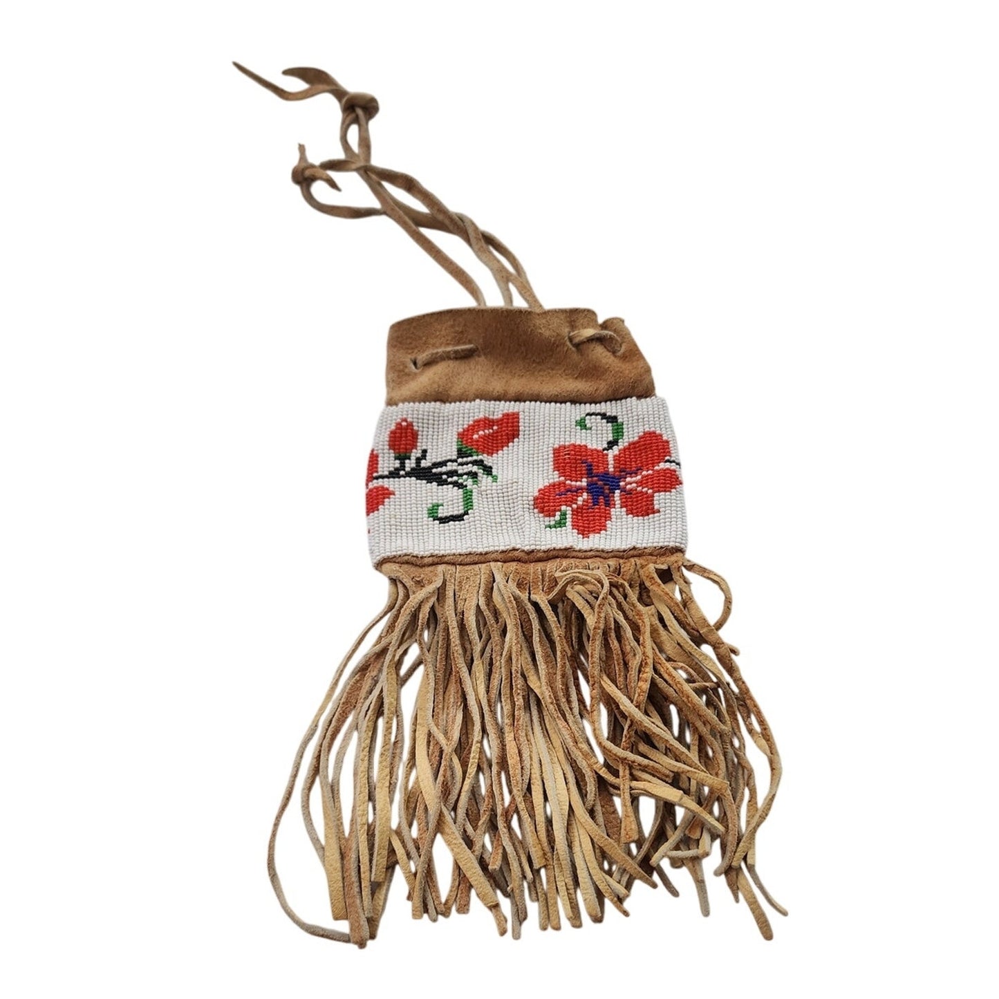 Antique Native American Medicine Bag Embroidered Fringed Suede Plains Indians Pouch