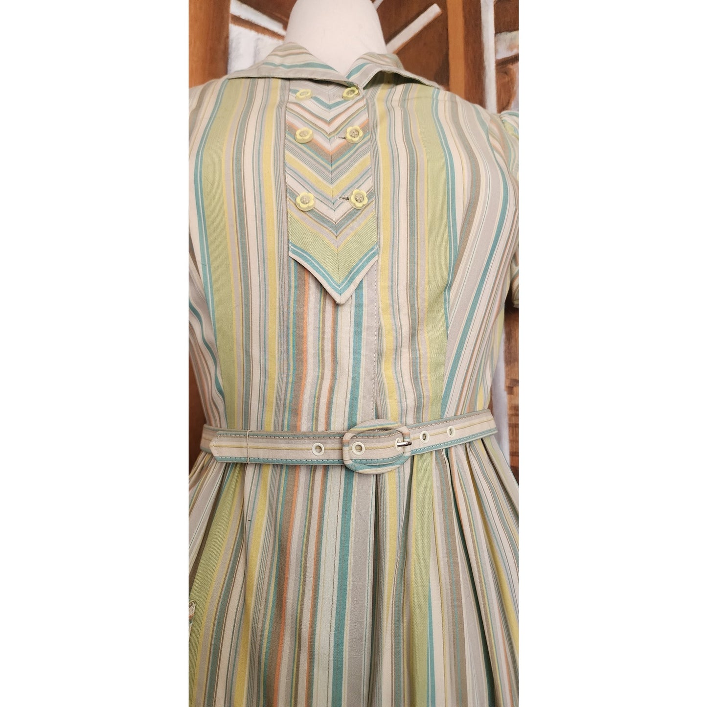 Vintage 40s 50s Pastel Green Blue Striped Day Dress w/Pocket & Belt Short Sleeves