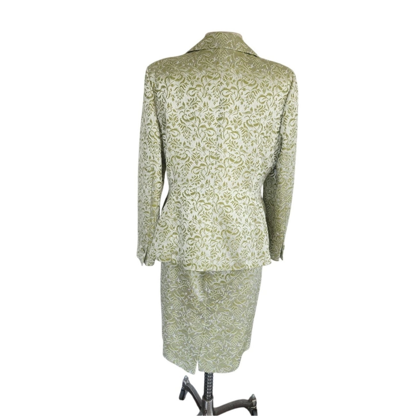 Vintage 1980s ESCADA COUTURE Skirt Suit Green Cream Silk Jacquard Leafy Print / L