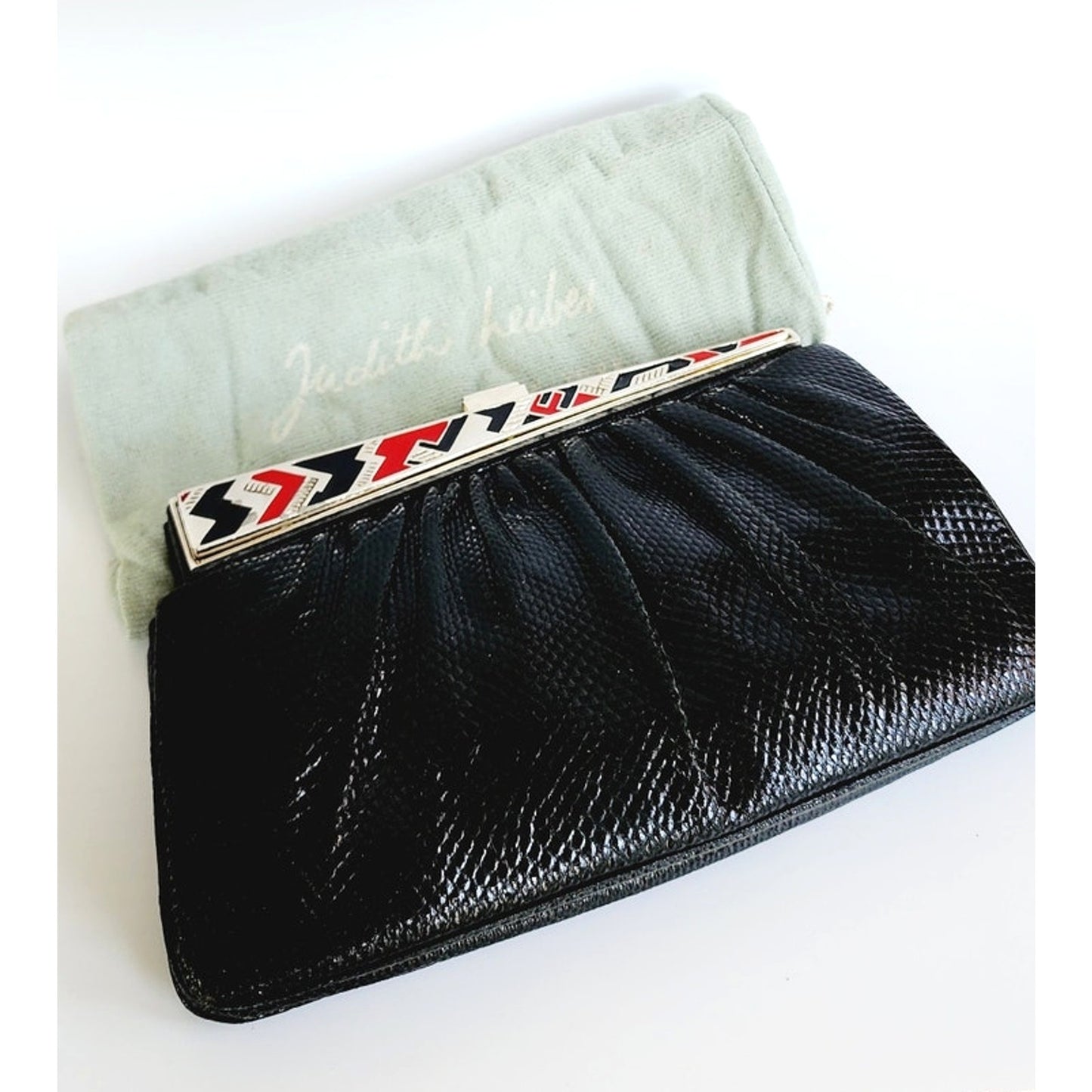 Vintage1980s Judith Leiber Bag Black Lizard w/Enamel Art Deco Panel