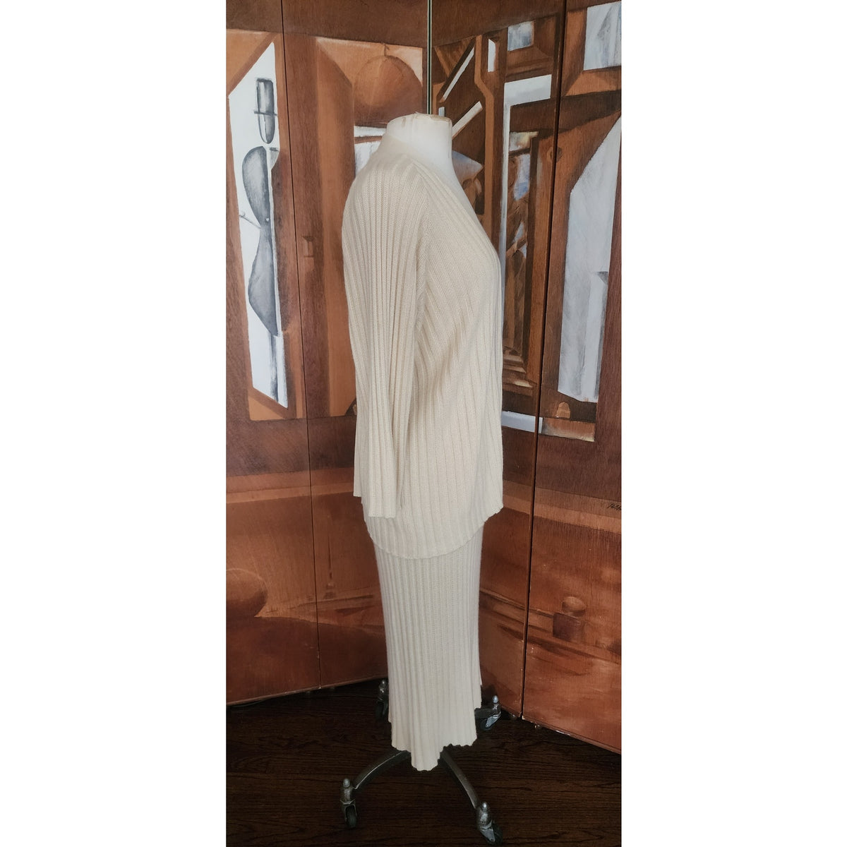 Vintage 1990s Zoran Set Cashmere Silk Knit Cardigan Maxi Skirt Shell Cream 3 Pc