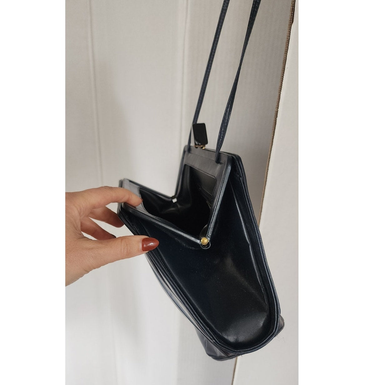 Vintage 80s Art Deco Purse Shoulder Bag / Clutch Navy Blue Leather Jay Herbert