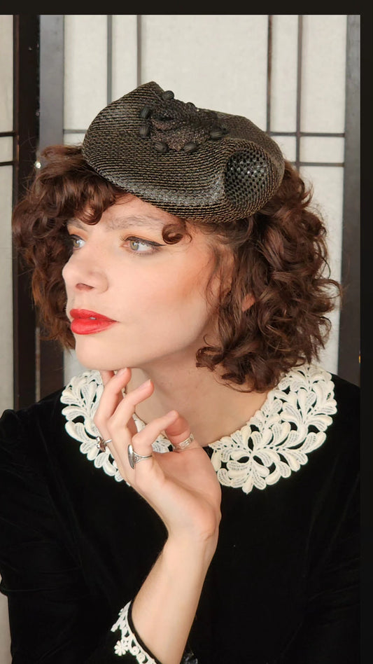 50s Black Straw Beanie Hat Junia Carson Pirie Scott Modernist