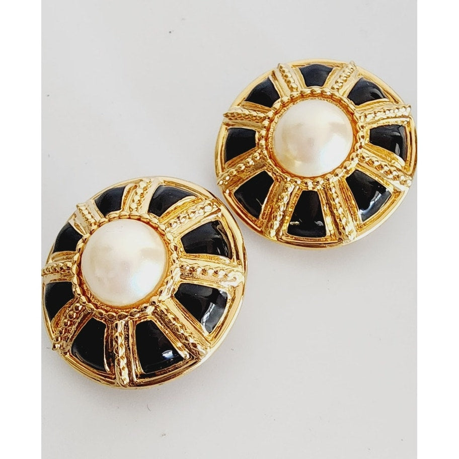 Vintage St John Earrings Clips Gold Pearl Black Enamel Button Style