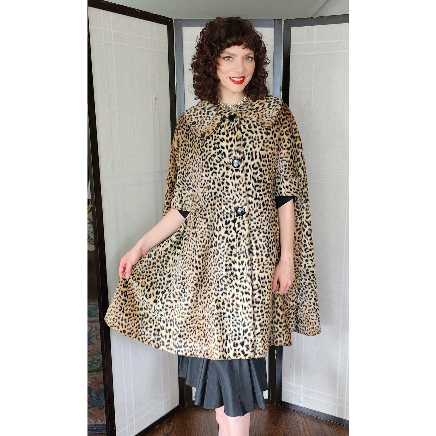 Vintage 60s Animal Print Cape Leopard Faux Fur Cloak Poncho Swing Style Coat