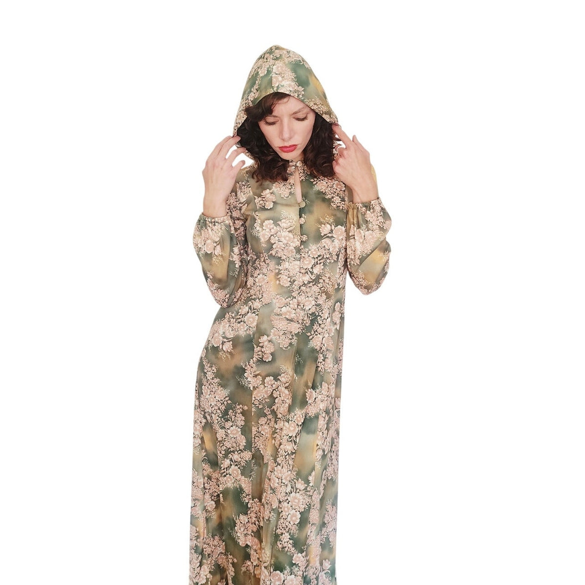 Vintage 1970s Kristie Lou Dress Hooded Floral Maxi Long Sleeve Woodland Fairy