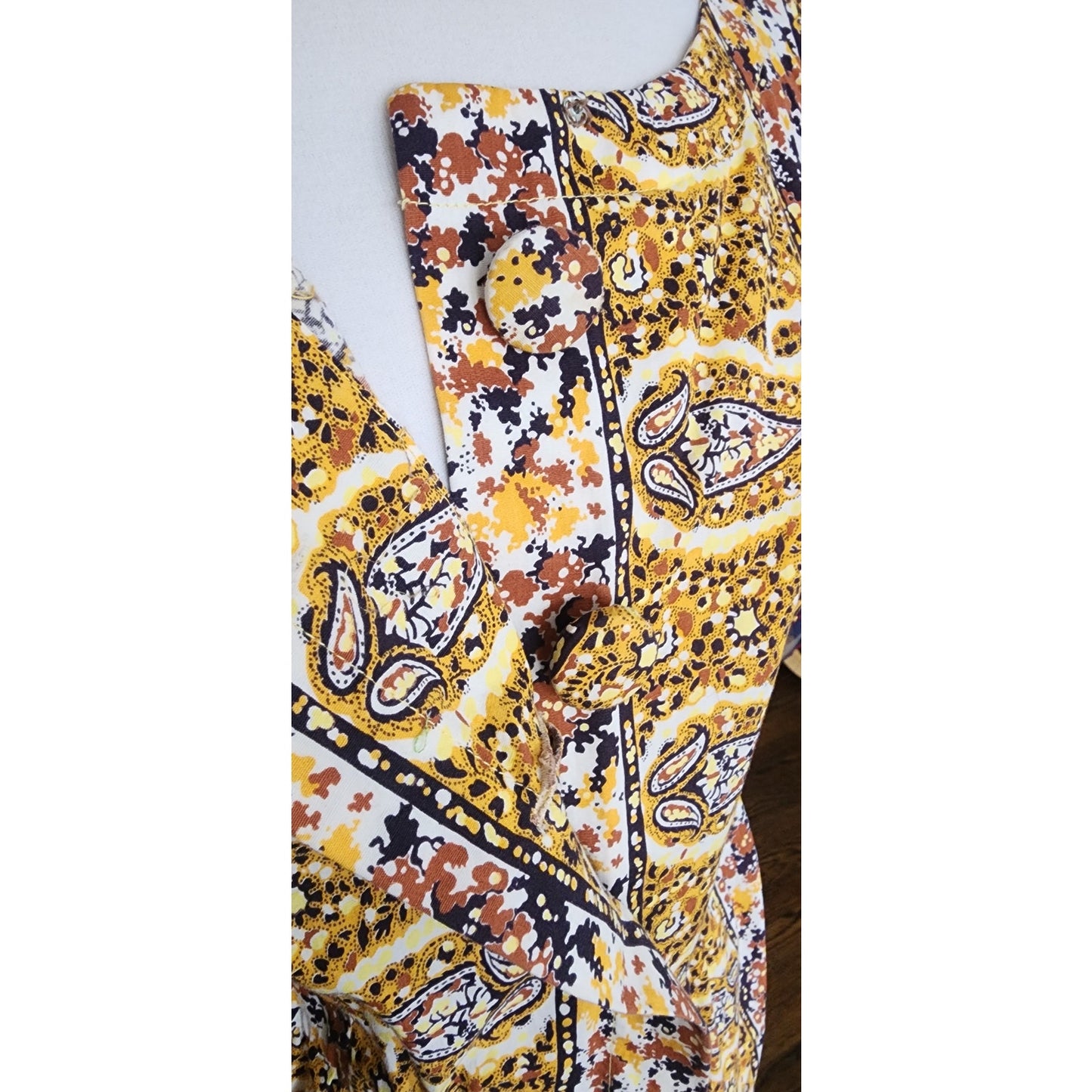 Vintage 50s Cotton Print Day Dress Yellow Black Paisley Print Shirtdress / M